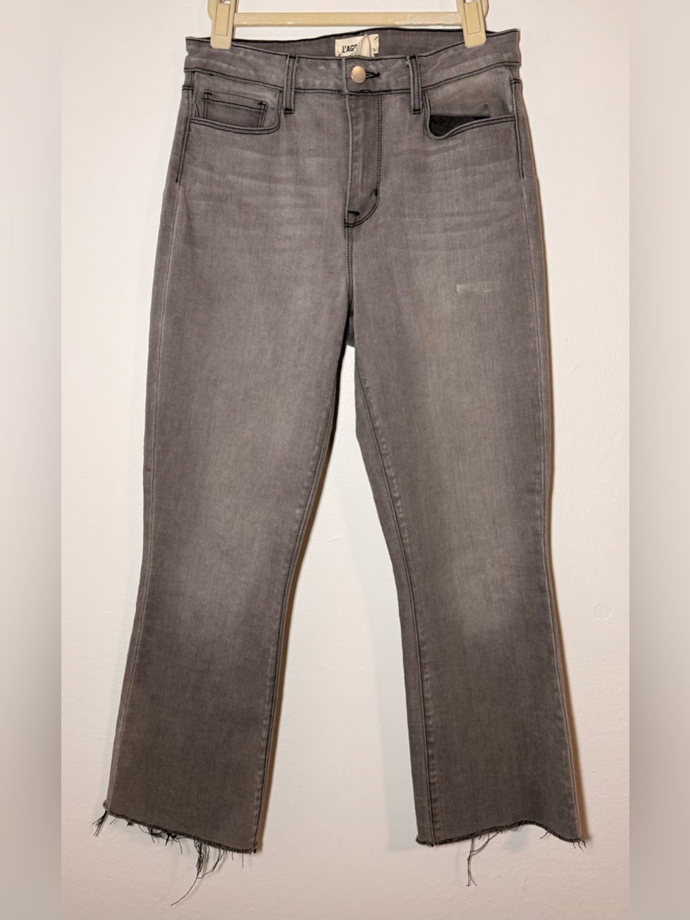 L'AGENCE Kendra High-Rise Crop Flare Jeans Raw Hem Medium Wash Grey size 27